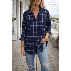 Frank & Eileen Women's Grayson Navy Plaid Button Down Shirt Tunic Lightweight- M